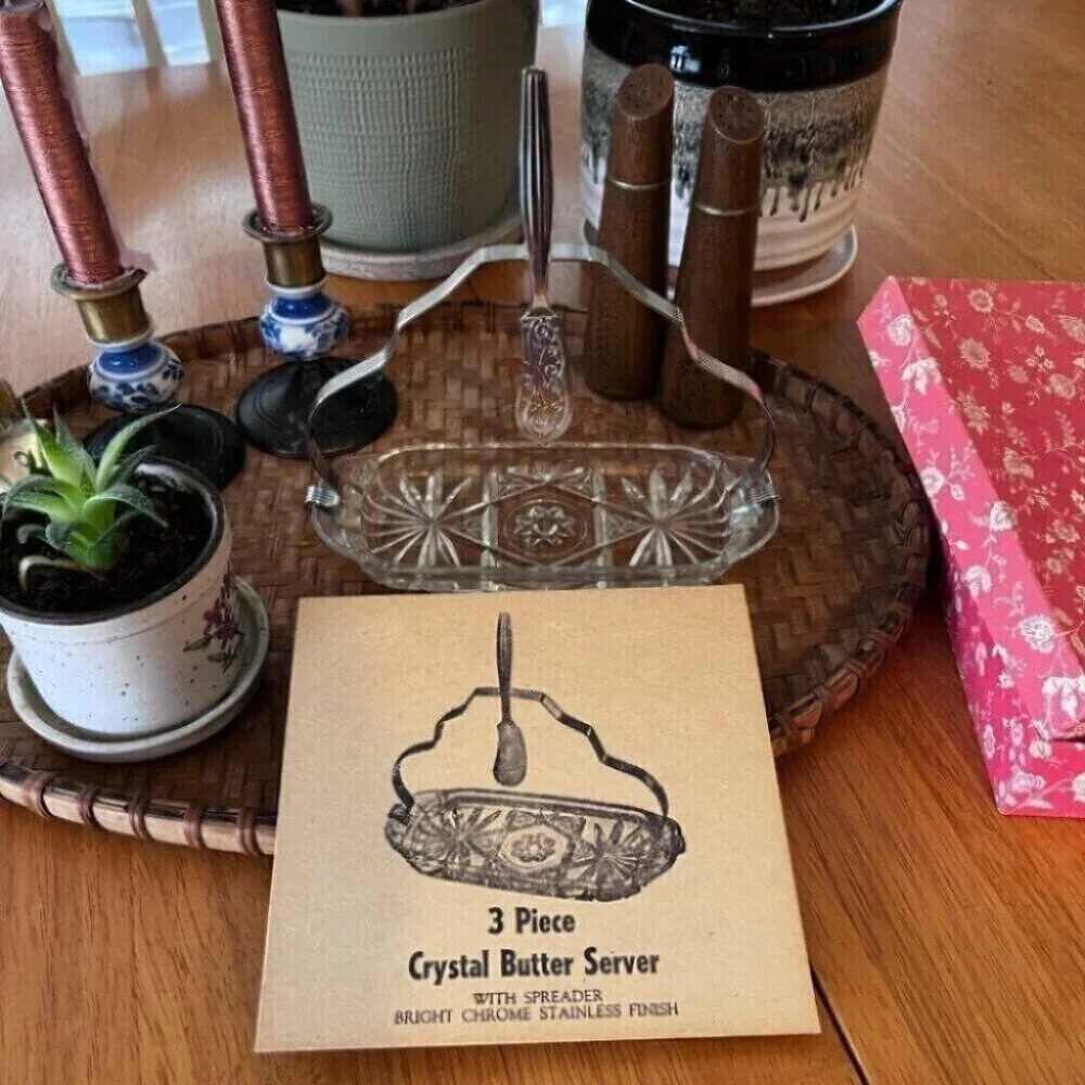 Vintage Crystal Butter Dish Spreader Server